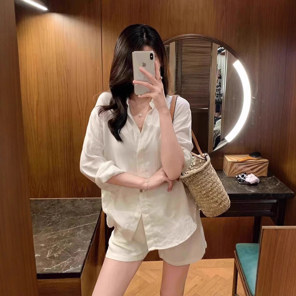 白色棉麻防晒衬衫女夏季薄款小个子宽松休闲衬衣开衫外套长袖上衣