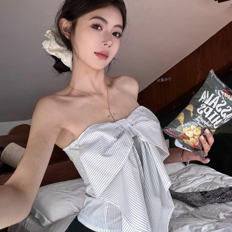 TAKE蝴蝶结绑带条纹抹胸背心女夏外穿设计感小众别致裹胸无袖上衣