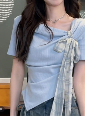 大码蓝色微胖正肩t恤短袖女夏季胖mm不规则法式短款遮肚显瘦上衣