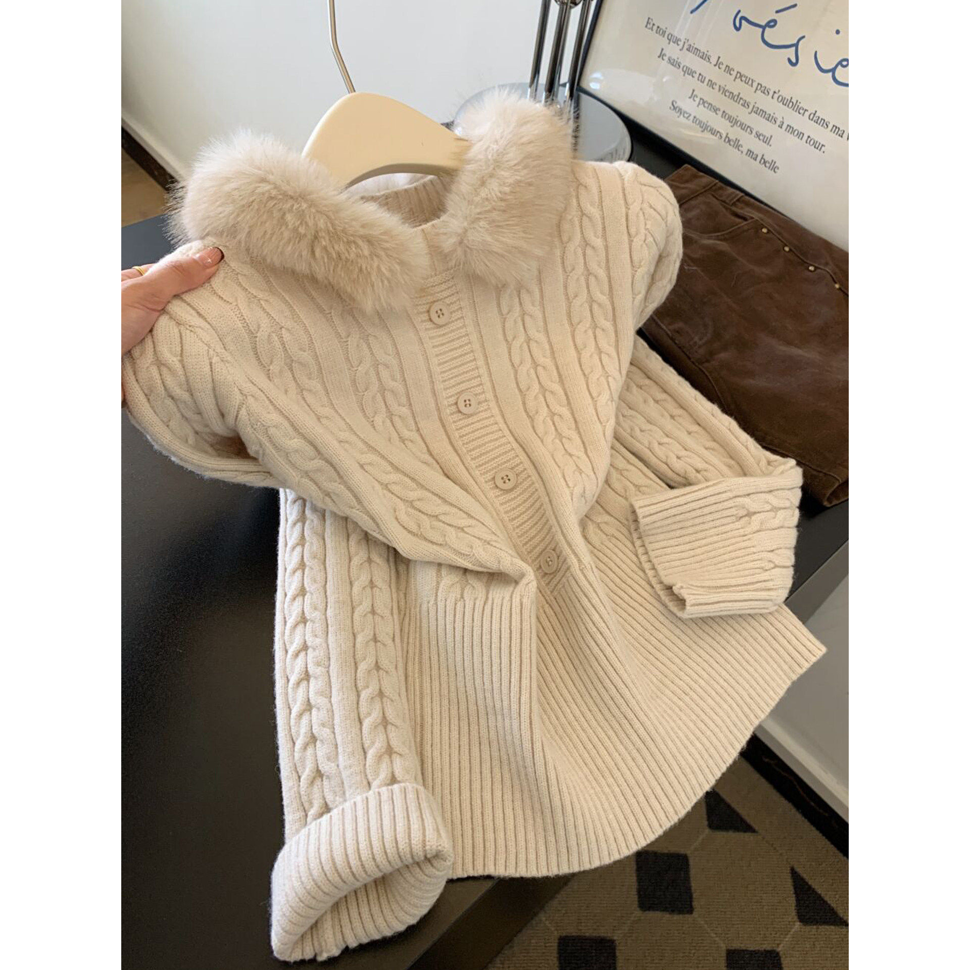 杏色毛领长袖套头针织衫毛衣女士秋冬可外穿内搭设计感上衣小个子