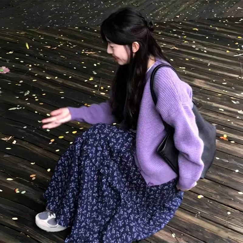 韩系复古碎紫色花半身裙女秋季2025新款高腰a字裙休闲慵懒风长裙
