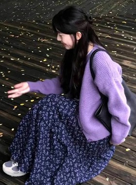 韩系复古碎紫色花半身裙女秋季2025新款高腰a字裙休闲慵懒风长裙