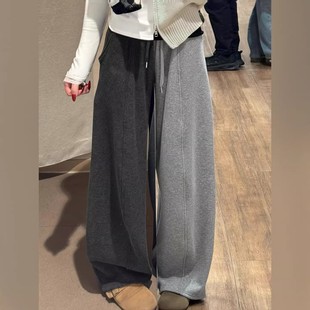 灰色弯刀运动裤子女款2025冬新款加绒加厚宽松直筒休闲糯米阔腿裤