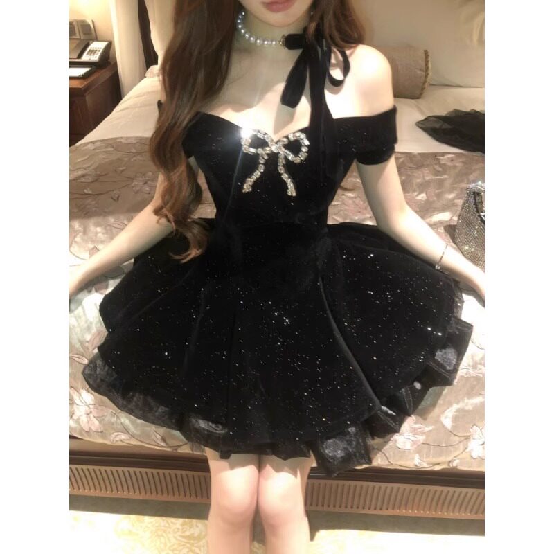 生日 party小礼服裙高端轻奢小众公主蓬蓬裙抹胸一字肩丝绒连衣裙