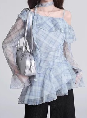 【TAKE OFF】韩式蓝色网纱格纹下摆荷叶边T恤女春季半透视上衣ins