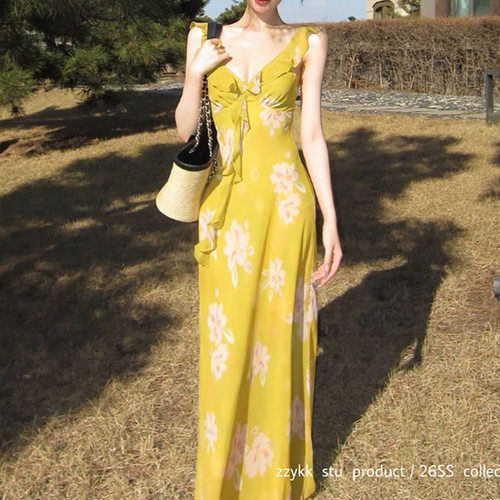 Take off沐日铃兰法式荷叶边吊带度假连衣裙仙女长裙夏海边氛围感