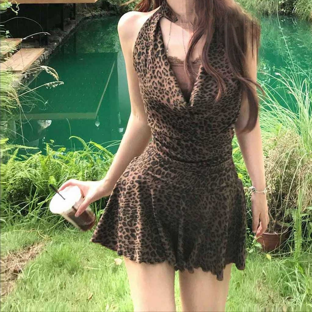 TAKE 大码胖MM美式辣妹性感露背系豹纹无袖挂脖背心连衣裙短裙女