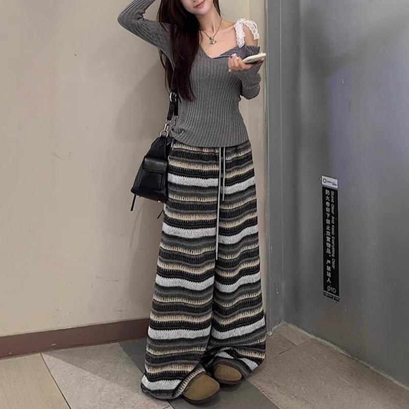 TAKE 松茶可可-条纹加厚毛呢阔腿裤女2026年秋冬松紧腰直筒卫裤