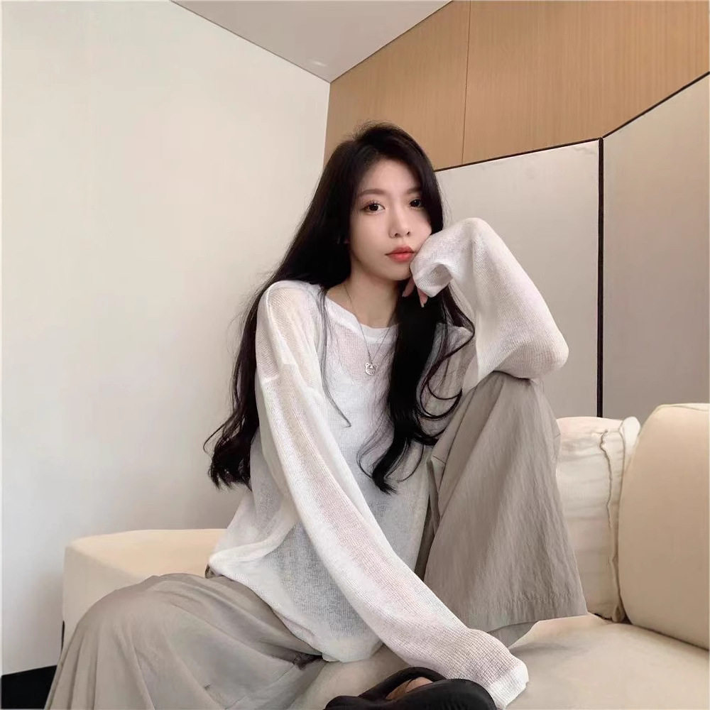 灰色防晒罩衫薄纱上衣宽松女夏季吊带两件套长袖镂空网纱夏天穿搭