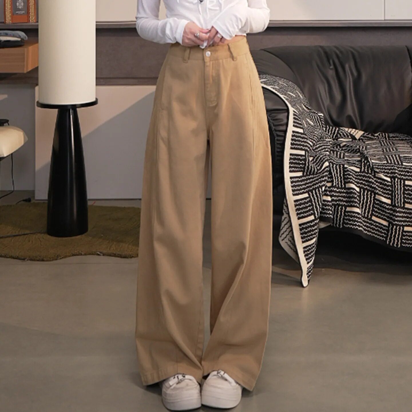 Take off复古卡其色直筒休闲裤女春季高腰显瘦宽松百搭弯刀阔腿裤