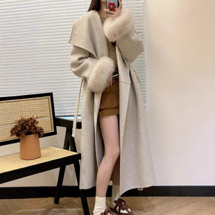 25秋冬双面羊绒大衣女中长款大翻领狐狸毛袖高级感气质羊毛呢外套