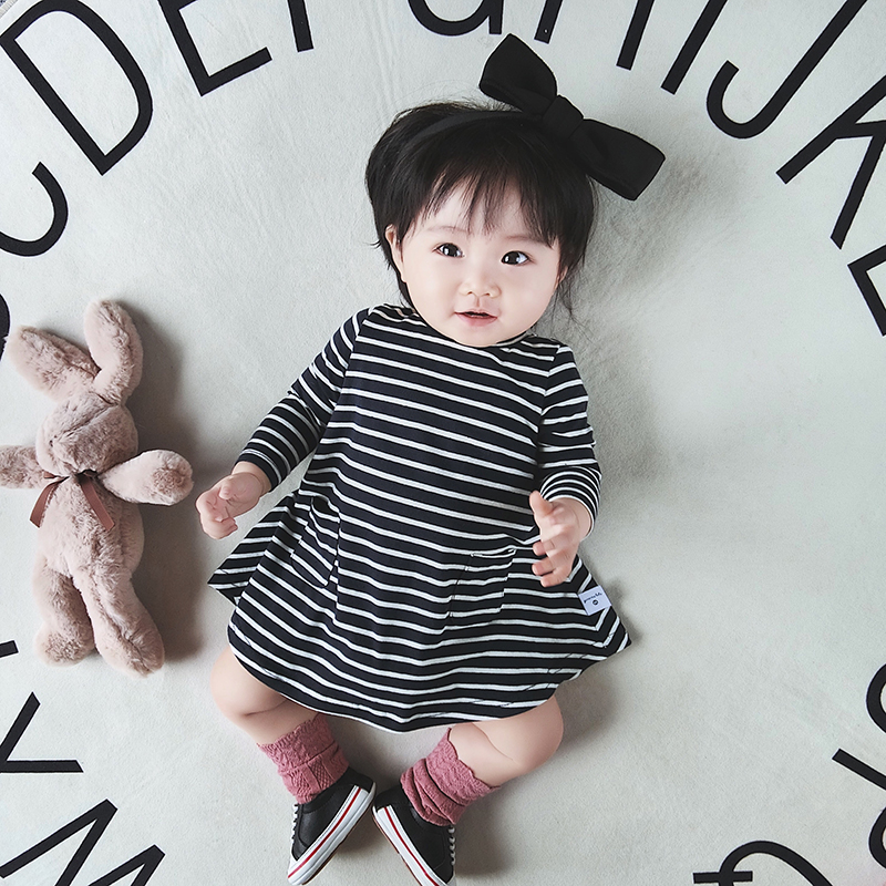 允兒媽嬰兒夏裝女寶寶純棉公主裙新生兒條紋長袖連衣裙洋氣裙子潮