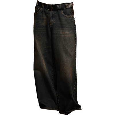 泛黄脏旧风铆钉牛仔裤