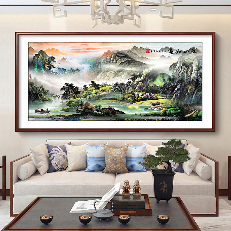 江山如画挂画新中式客厅沙发背景墙装饰画国画山水画堂屋中堂壁画_虎窝淘