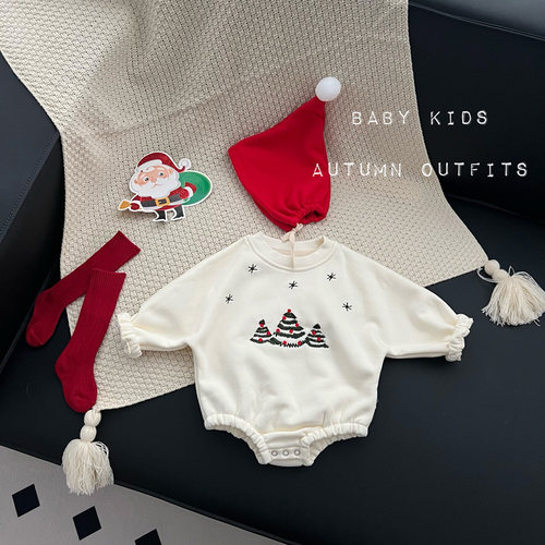 婴儿冬款加绒圣诞服连体衣男女宝宝婴童网红超萌爬服外出拍照哈衣