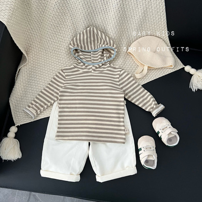 ins男女宝宝春秋衣服婴幼儿春季百搭连帽卫衣外出条纹打底衫T恤潮