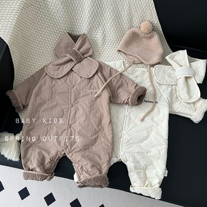ins冬季男女宝宝加绒连体衣婴幼儿全开扣棉服外出爬服新生儿衣服