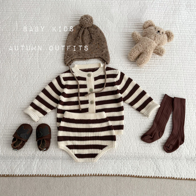 INS秋冬男女宝宝针织条纹开衫包屁短裤两件套婴幼儿毛线外出套装