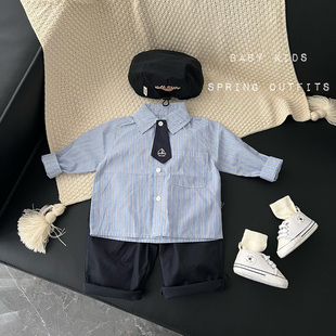 套装 帅气学院风条纹领带衬衫 婴幼儿百天周岁衣服 新款 男女宝宝春装