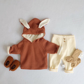 ins冬季 韩国婴幼儿兔耳朵连帽针织毛衣男女宝宝可爱加绒加厚外套