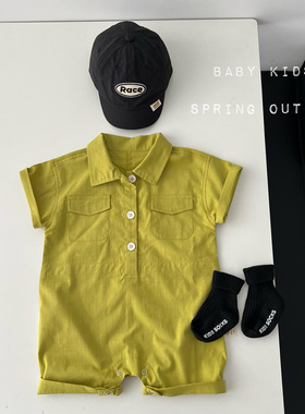 男宝宝夏装衣服婴幼儿夏季绿色工装风短袖外出服帅气连体衣爬服潮