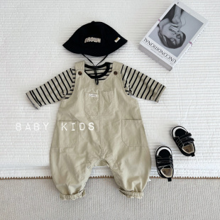 条纹T恤两件套男女宝宝连体衣套装 风背带裤 工装 ins春秋婴幼儿韩版