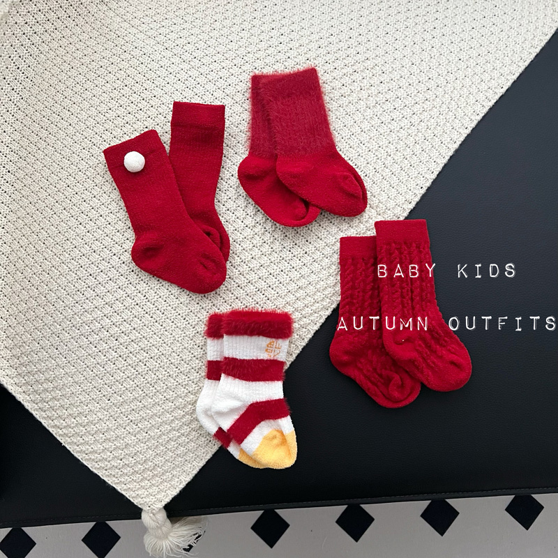 新生儿冬季宝宝红色袜子婴幼儿加厚保暖新年满月周岁百天中筒袜子