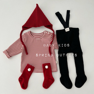 条纹T恤外出服 红色长袖 INS婴幼儿春秋条纹上衣打底衫 男女宝宝韩版