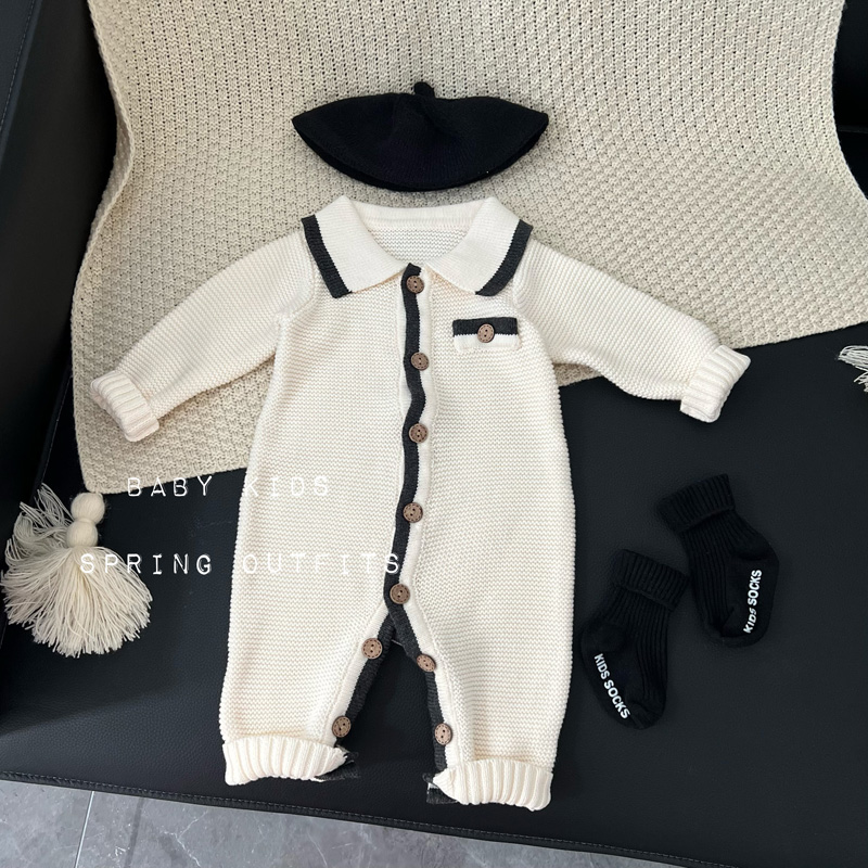 ins婴幼儿秋冬季针织连体衣男宝宝秋装翻领爬服满月百天外出哈衣