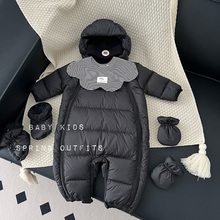 婴儿冬季羽绒服男女宝宝加绒加厚连体衣新生儿黑色保暖连体衣抱服