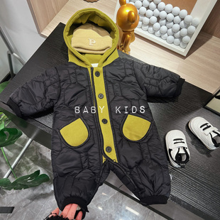 婴幼儿冬季连帽夹棉加绒连体衣婴儿冬装潮范帅气加厚保暖外出爬服