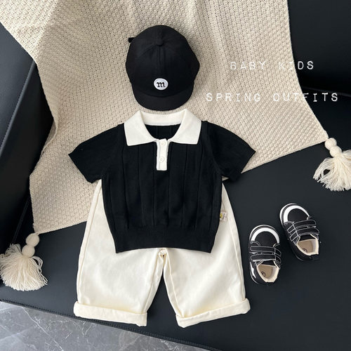 ins风男宝宝春秋韩版针织短袖上衣婴幼儿百天周岁衣服外出POLO衫