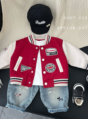 男宝宝秋装衣服秋季帅气红色机车服外套秋季百天周岁开衫棒球衫潮