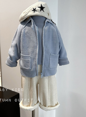 男宝宝帅气针织外套婴幼儿童蓝色显白毛衣秋装韩版外出毛线开衫潮