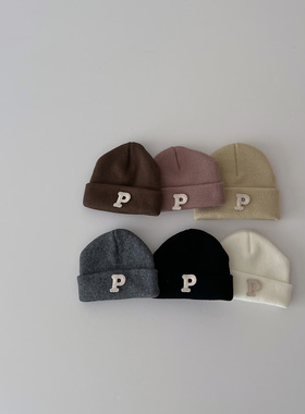 ins韩版简约字母P标婴儿针织毛线套头帽秋冬小宝宝帽子保暖瓜皮帽