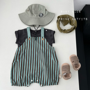 子连体衣 婴幼儿潮范宽松外出裤 ins男女宝宝夏季 帅气条纹背带短裤