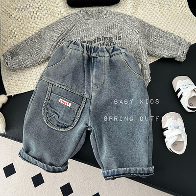 韩版冬季男女宝宝宽松洋气保暖裤子婴幼儿冬装百搭加绒外出牛仔裤