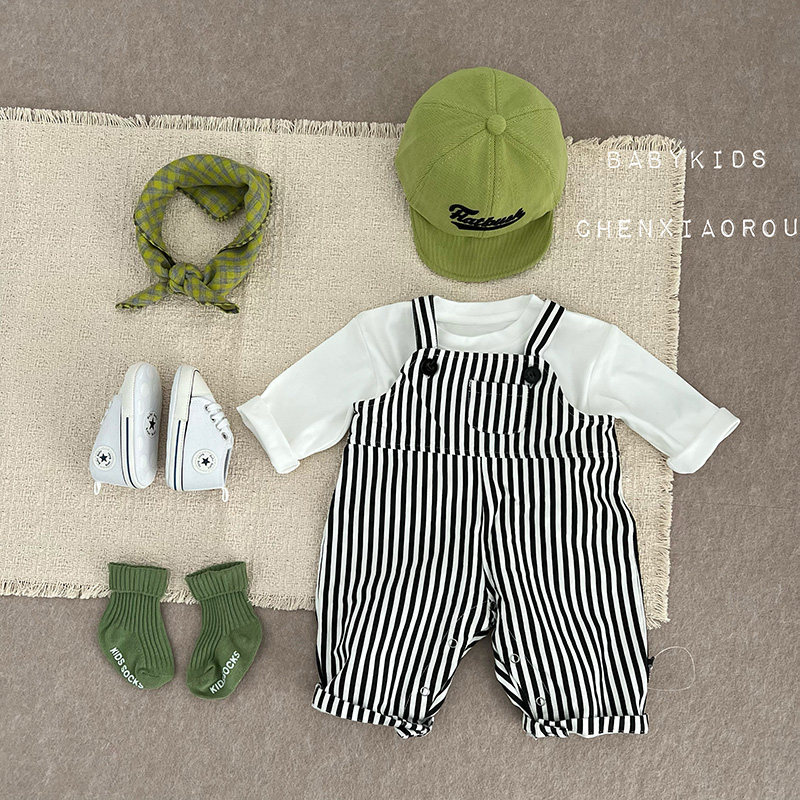 ins男女宝宝春装衣服婴幼儿童春秋可爱条纹开档背带裤外出休闲裤