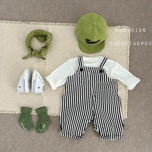 外出休闲裤 ins男女宝宝春装 衣服婴幼儿童春秋可爱条纹开档背带裤