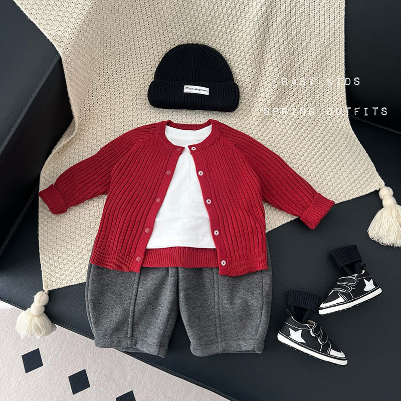 ins男女宝宝秋冬红色针织开衫婴幼儿童百天周岁衣服拜年毛衣外套