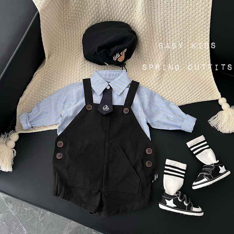 ins男女宝宝夏装衣服婴幼儿童黑色工装风背带短裤洋气外出连体衣
