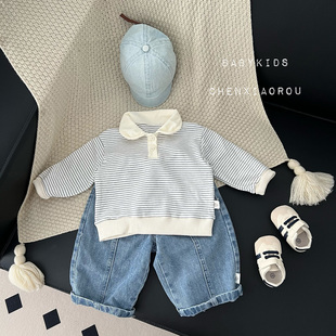 INS风男宝宝秋装衣服婴幼儿童秋季条纹POLO领上衣学院风条纹卫衣