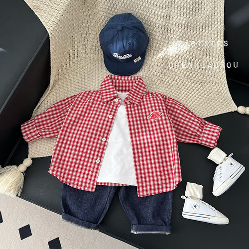 INS男宝宝春装宽松格子衬衫婴幼儿童翻领洋气韩版外出外套上衣潮