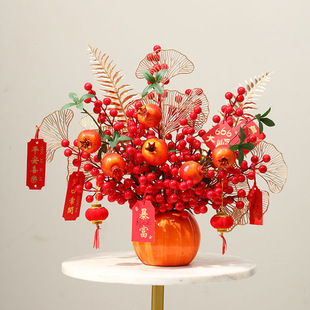 轻奢仿真石榴红浆果石榴高档电视柜创意新中式花艺套餐喜庆