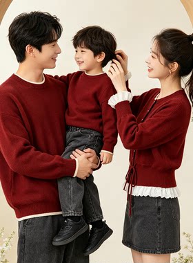 红色毛衣女开衫男款圆领毛衣