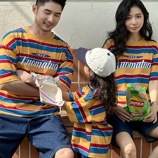 炸街条纹短袖 2025夏季 T恤母子亲子服潮 一家三口四口母女款 亲子装