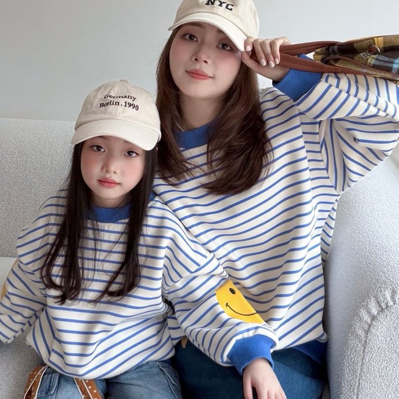 韩版男童女童宽松条纹笑脸亲子