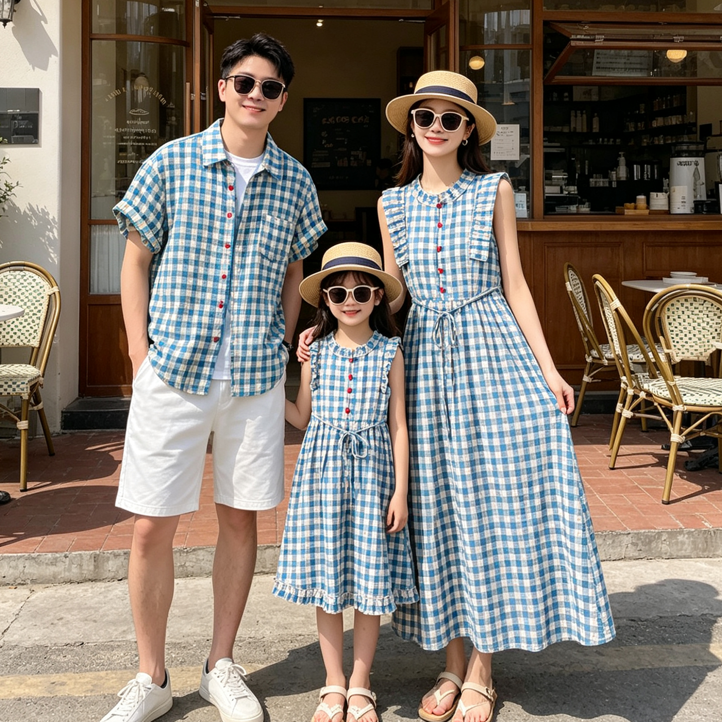 亲子装夏装韩系一家三四口母女海边度假蓝色格子连衣裙父子装上衣