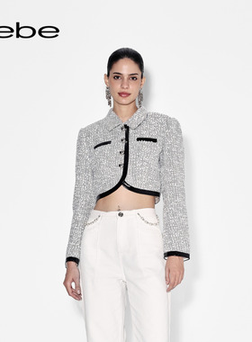 bebe秋冬女士小香风翻领短款夹克外套340317