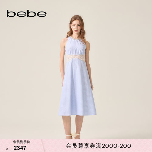 bebe2026夏季新款女士温柔千金风含棉蕾丝拼接收腰连衣裙250017